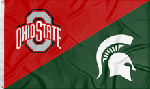 Load image into Gallery viewer, red and green Ohio State MSU house divided flag for sports décor
