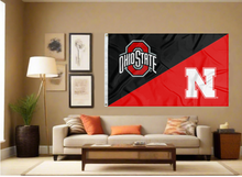 Load image into Gallery viewer, black and red Ohio State Nebraska house divided flag covering living room wall
