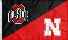 Load image into Gallery viewer, black and red Ohio State Nebraska house divided flag for sports décor
