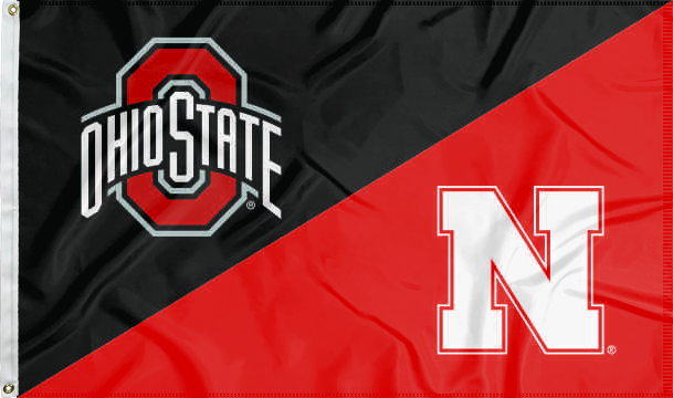 black and red Ohio State Nebraska house divided flag for sports décor