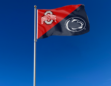 Load image into Gallery viewer, red and blue Ohio State Penn State House Divided flag attached to flagpole waving in the wind
