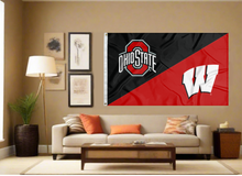 Load image into Gallery viewer, black and red Ohio State Wisconsin House divided flag covering living room wall
