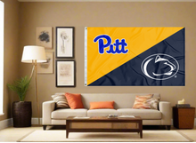 Load image into Gallery viewer, gold and navy Pittsburgh Penn State House Divided flag covering living room wall
