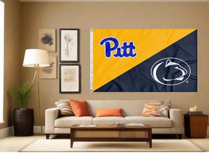 gold and navy Pittsburgh Penn State House Divided flag covering living room wall