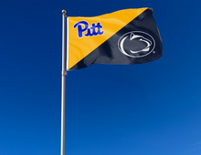 Load image into Gallery viewer, gold and navy Pittsburgh Penn State House Divided flag attached to flagpole waving in the wind
