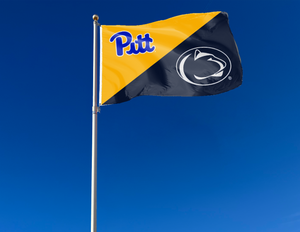gold and navy Pittsburgh Penn State House Divided flag attached to flagpole waving in the wind