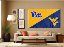 Load image into Gallery viewer, gold and blue Pittsburgh West Virginia House Divided Flag covering living room wall
