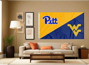 gold and blue Pittsburgh West Virginia House Divided Flag covering living room wall