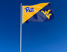 Load image into Gallery viewer, gold and blue Pittsburgh West Virginia House Divided Flag attached to flagpole waving in the wind
