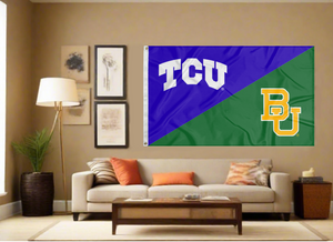 purple and green TCU Baylor House Divided flag with two metal grommets covering tan wall of living room