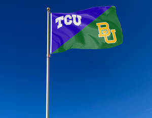 purple and green TCU Baylor House Divided flag with two metal grommets attached to flagpole waving in the wind