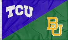 Load image into Gallery viewer, purple and green TCU Baylor House Divided flag with two metal grommets
