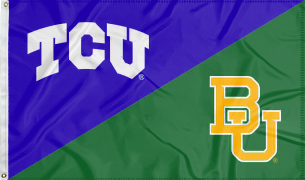 purple and green TCU Baylor House Divided flag with two metal grommets