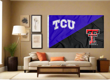 Load image into Gallery viewer, Purple and black TCU Texas Tech House Divided Flag covering living room wall
