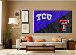 Purple and black TCU Texas Tech House Divided Flag covering living room wall