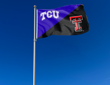 Load image into Gallery viewer, Purple and black TCU Texas Tech House Divided Flag attached to flagpole waving in the wind
