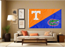 Load image into Gallery viewer, orange and blue Tennessee Florida House Divided Flag covering living room wall
