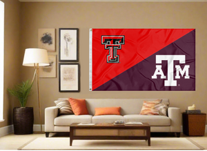 red and maroon Texas Tech Texas A&M House Divided Flag covering living room wall
