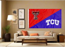Load image into Gallery viewer, red and purple Texas Tech TCU house divided flag covering living room wall
