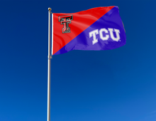 Load image into Gallery viewer, red and purple Texas Tech TCU house divided flag attached to flagpole waving in the wind
