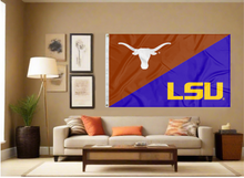 Load image into Gallery viewer, orange and purple Texas LSU house divided flag covering tan wall of living room
