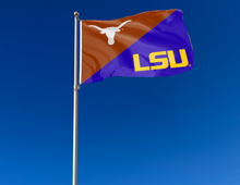 Load image into Gallery viewer, orange and purple Texas LSU house divided flag attached to flagpole waving in the wind
