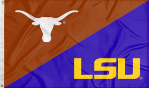 orange and purple Texas LSU house divided flag for sports décor