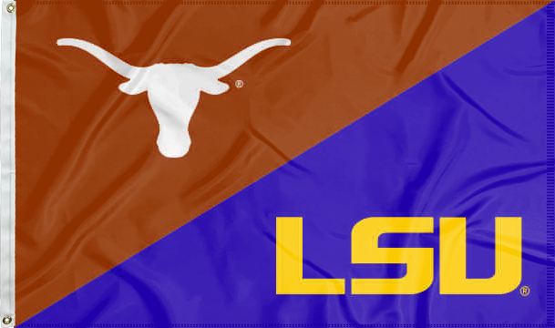 orange and purple Texas LSU house divided flag for sports décor
