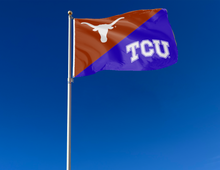 Load image into Gallery viewer, orange and purple Texas TCU house divided flag attached to flagpole waving in the wind
