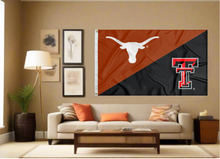 Load image into Gallery viewer, orange and black Texas Texas Tech Rivalry House Divided Flag covering tan wall of the living room
