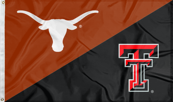 orange and black Texas Texas Tech Rivalry House Divided Flag with two metal grommets for sports décor