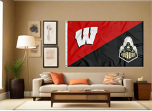 Load image into Gallery viewer, red and black Wisconsin Purdue house divided flag with two metal grommets covering tan wall of living room
