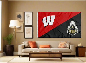red and black Wisconsin Purdue house divided flag with two metal grommets covering tan wall of living room