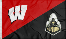 Load image into Gallery viewer, red and black Wisconsin Purdue house divided flag with two metal grommets for sports décor
