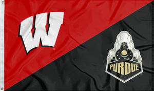 red and black Wisconsin Purdue house divided flag with two metal grommets for sports décor