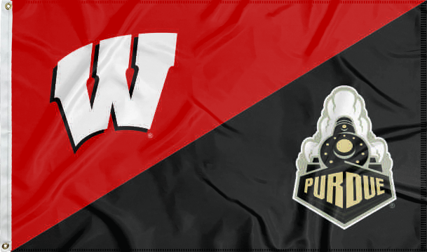 red and black Wisconsin Purdue house divided flag with two metal grommets for sports décor