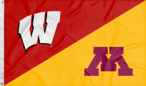 red and gold Wisconsin Minnesota House Divided Flag with two metal grommets for sports décor