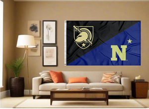 Black and blue Army West Point Naval Academy House Divided Flag with two metal grommets covering tan wall of living room
