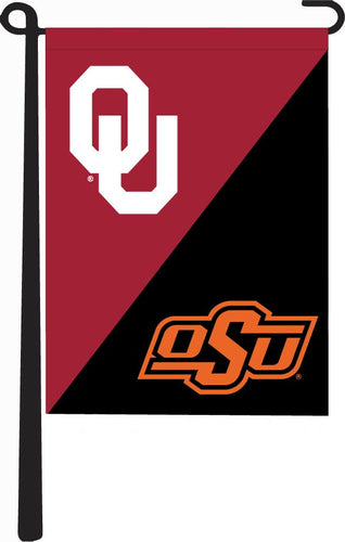13x18 House Divided Garden Flag with University of Oklahoma and Oklahoma State University Logos