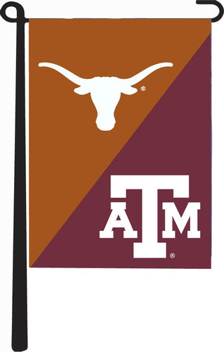 Orange and Maroon 13x18 House Divided Garden Flag with University of Texas and Texas A&M University Logos