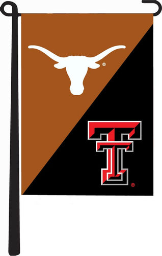 Orange and Black 13x18 House Divided Garden Flag with University of Texas and Texas Tech University Logos