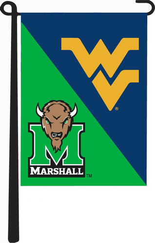13x18 House Divided Garden Flag with Marshall University and West Virginia University Logos
