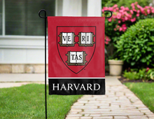 Load image into Gallery viewer, red and black harvard garden flag with shield logo and harvard logo for yard decor
