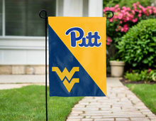 Load image into Gallery viewer, house divided garden flag with pitt west virginia logos for yard decor
