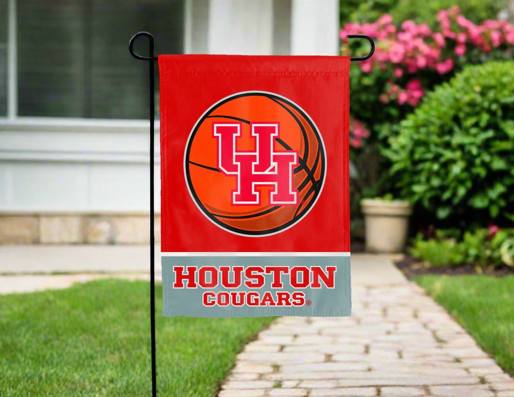 houston basketball garden flag hung on a garden flag stand for yard decor