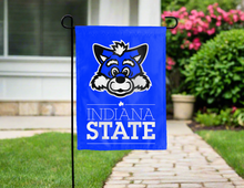 Load image into Gallery viewer, indiana state university double sided garden flag with sycamore sammy logo

