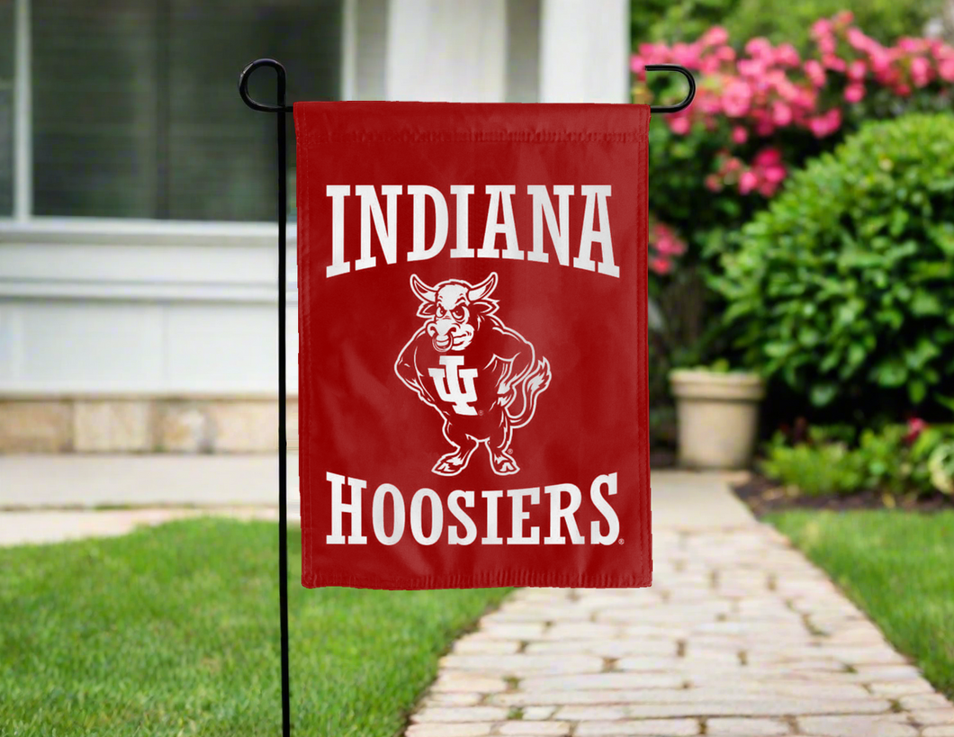 indiana university bison garden flag hung outside for yard decor