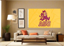 Load image into Gallery viewer, Gold ASU flag hung inside a well-lit college dorm for man cave decor
