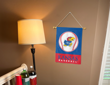 Load image into Gallery viewer, Kansas baseball garden flag hanging on banner pole inside living room
