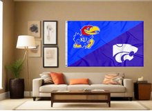 Load image into Gallery viewer, blue and purple Kansas Kansas State House Divided Flag with two metal grommets covering tan wall of well lit room
